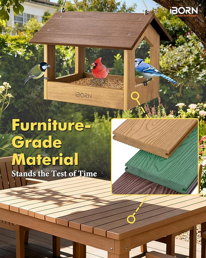 iBorn Pavilion Bird Feeder, Covered Platform Bird Feeder for Outdoors Hanging, WPC Recycled Plastic & Waterproof, Coffee