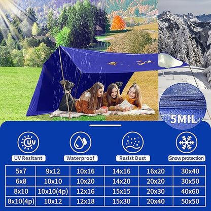 Tarp 6x8 ft 100% Waterproof Uv Resistant High Durability Multipurpose 5mil Blue Tarp for Covering Courtyards, Cars, Camping, Gardens, Pet Nests -by MVPNET