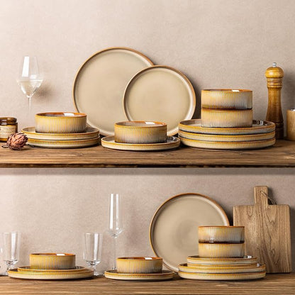 TheTerra Ceramic Dinnerware Sets for 8, 24 Pieces Porcelain Lightweight Plates and Bowls Sets, Scratch Resistant Dish Set, Oven & Microwave & Dishwasher Safe, Creamy Amber