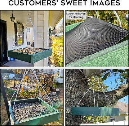 Gtongoko WPC Composite Platform Bird Feeder Hanging, Large 3.5 lbs Capacity, Durable, Seed Tray Bird Feeder for Outdoors with Metal Mesh Bottom Weather-Resistant for Garden Yard, Green