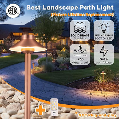 Gardenreet Outdoor Brass Pathway Lights, Warm & Neutral White Adjustable Low Voltage Landscape Path Lighting, 12v Walkway Light LED Waterproof, Copper for Outside Garden Yard with G4 Bulb (4 Pack)