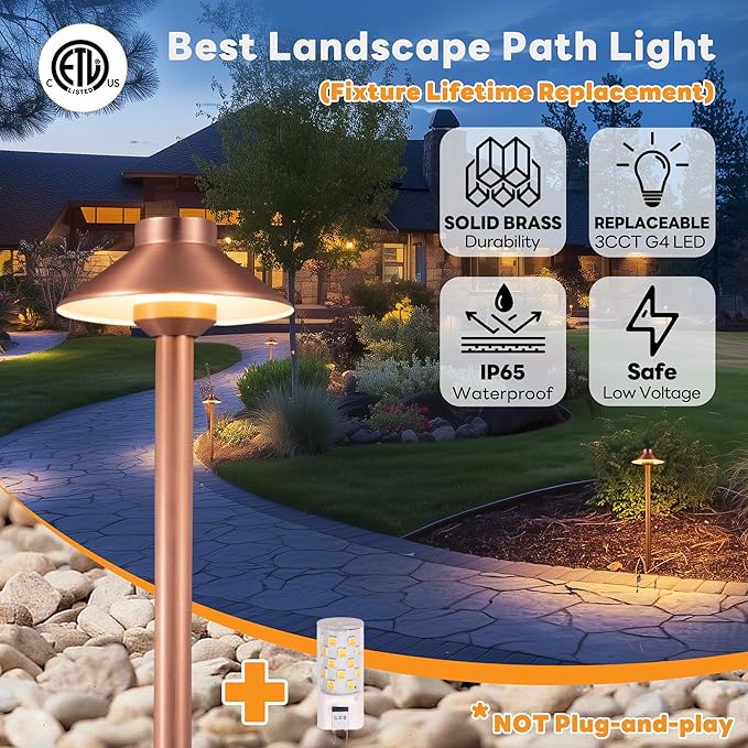 Gardenreet Low Voltage Landscape Path Light Solid Brass, 3 Color Temp Selectable LED Driveway Lights Waterproof, Hat Shaped 12V Wired Copper for Walkway Garden with 3W 270LM G4 Bulb (12 Pack)