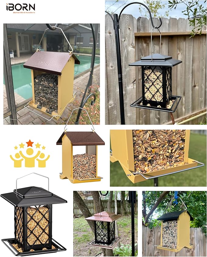 iBorn Bird Feeder House, Metal Bird Feeders for Outdoors Hanging,Double-Sided Metal Hanger & Weatherproof, Easy to Clean & Refill, 2.2 Lbs Capacity, Muted Yellow