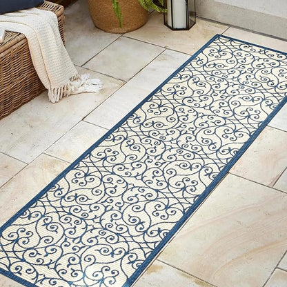 JONATHAN Y Vintage Filigree Indoor Outdoor Runner Rug 2X8 Navy/Beige, Madrid Textured Weave for Backyard, Patio, Porch, Easy-Cleaning, High Traffic, Pet-Friendly, Non-Shedding (SMB107G-28)