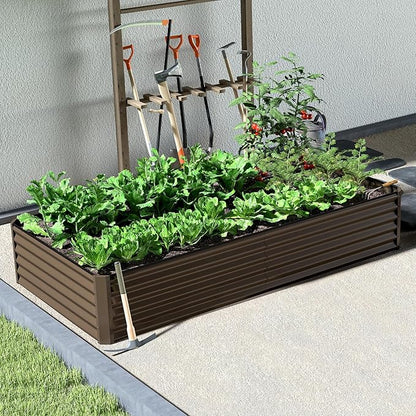 Domi 8×4×1.5 ft Galvanized Raised Garden Bed, Outdoor Planter Garden Boxes Large Metal Planter Box for Gardening Vegetables Fruits Flowers, Brown