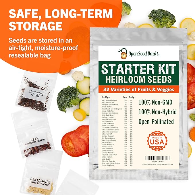 Open Seed Vault |15,000 Heirloom Seeds | 32 Seed Types | Survival Seeds | 2026 Season | Non GMO Vegetable and Fruit Seeds | Planting Outdoor & Indoor Garden