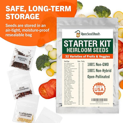 Open Seed Vault |15,000 Heirloom Seeds | 32 Seed Types | Survival Seeds | 2026 Season | Non GMO Vegetable and Fruit Seeds | Planting Outdoor & Indoor Garden