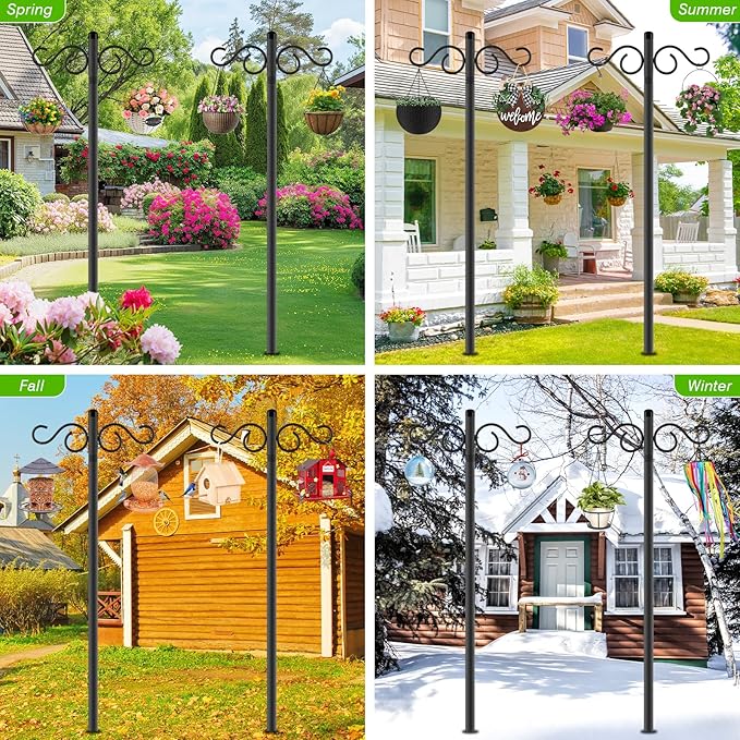 RCUICA Double Shepherds Hooks for Outdoor,2 Pack 90 Inch Bird Feeder Pole with 5 Prongs Base,Heavy Duty Shepherds Hook,Suitable for Garden in Hanging Flower Basket,Lantern,Bird Nests (90 Inch)