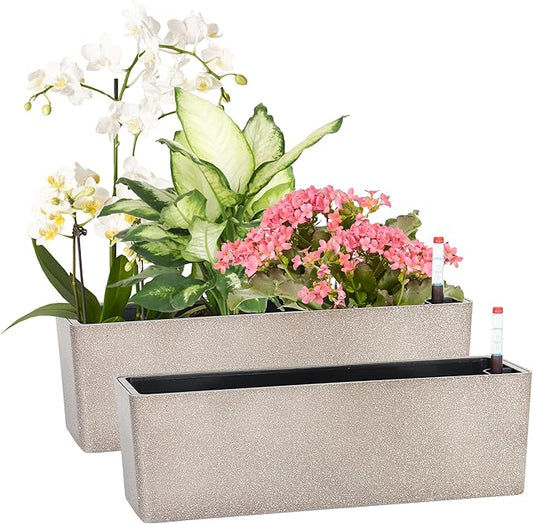 Elongated Self Watering Planter Pots 2-Pack Window Box 5.5 x 16 inch Indoor Home Garden Modern Decorative Pot for All House Plants Flowers Herbs (Coffee,2)