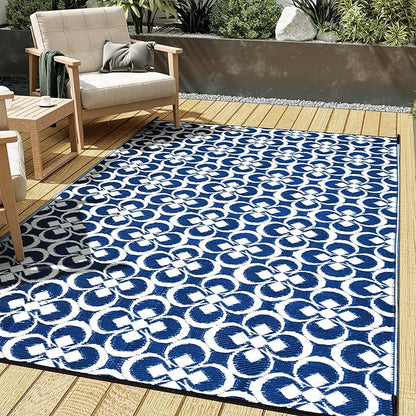 HUGEAR Outdoor Plastic Straw Rug, Waterproof Outdoor Rugs for Patios Clearance, Reversible Area Rug, Large Outside Carpet for Camping, Balcony, RV, Deck, Picnic, Beach (5x8ft Clover/Blue&White)