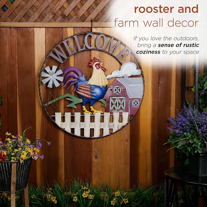 Alpine Corporation SCC578L Large Round Rooster and Farm Welcome Wall Decor, Sign for Entryway & Walkway, 30" Diameter, Multicolor
