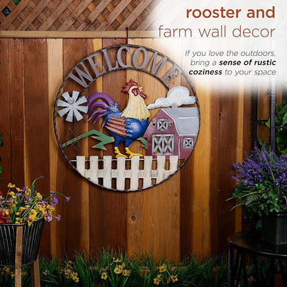 Alpine Corporation SCC578L Large Round Rooster and Farm Welcome Wall Decor, Sign for Entryway & Walkway, 30" Diameter, Multicolor