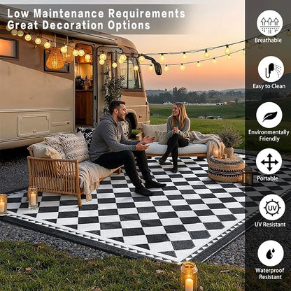 HUGEAR Outdoor Waterproof Rug 9'x12' Plastic Straw Rugs Washable Reversible Floor Mat Black/White Plaid Carpet for Camping RV Deck Entryance Porch Picnic Balcony Beach Backyard