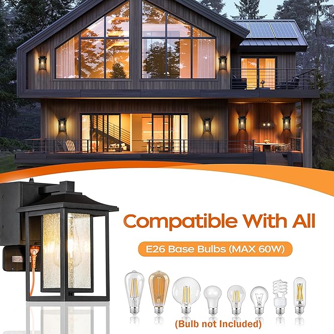 ALOADECOR 1 Light Black Exterior Light Dusk to Dawn Sensor Outdoor Lights Garage Wall Lights with Seeded Glass Front Porch Light Fixtures with GFCI Outlets for Outside Garden Porch Patio