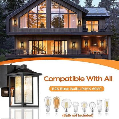 ALOADECOR 1 Light Black Exterior Light Dusk to Dawn Sensor Outdoor Lights Garage Wall Lights with Seeded Glass Front Porch Light Fixtures with GFCI Outlets for Outside Garden Porch Patio