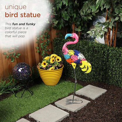 Alpine Corporation LYT276 Outdoor Metal Colorful Art Decor Palm Leaf Body Flamingo for Garden, Patio, Lawn, or Porch, 31" Tall, Multicolor