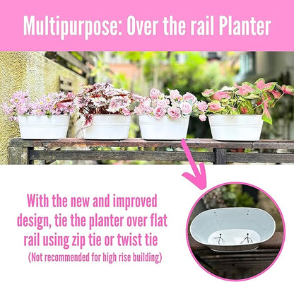 LaLaGreen Rail Planter Outdoor Plants (11.8 Inch, 8 Pack) White Metal Iron Hanging Flower Pots Deck Railings Fence Buckets Modern Countryside Boho Style Wall Mount Window Box Holder Hooks Porch Decor