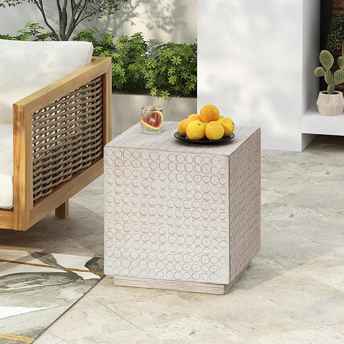 Christopher Knight Home Jeanie Outdoor Side Table Lightweight Concrete, Patio End Table Cube, MGO Fluted Coffee Table for Outside, Garden, Backyard, Poolside Accent Table, White Wash