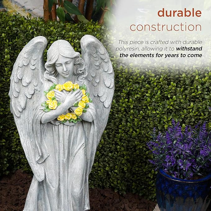Alpine Corporation MCC832 Angel with Yellow Flower Wreath Statue, Meaningful Décor for Garden, Patio, & Lawn, 29" H, Multicolor