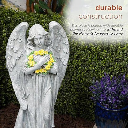 Alpine Corporation MCC832 Angel with Yellow Flower Wreath Statue, Meaningful Décor for Garden, Patio, & Lawn, 29" H, Multicolor