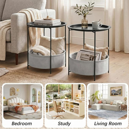 VECELO Round Side/End Table with Fabric Storage Basket，Metal Anti-Rust and Waterproof Small Bedside Nightstand with Removable Tray Top for Living Room，Balcony & Laundry，Black /2pcs with Basket