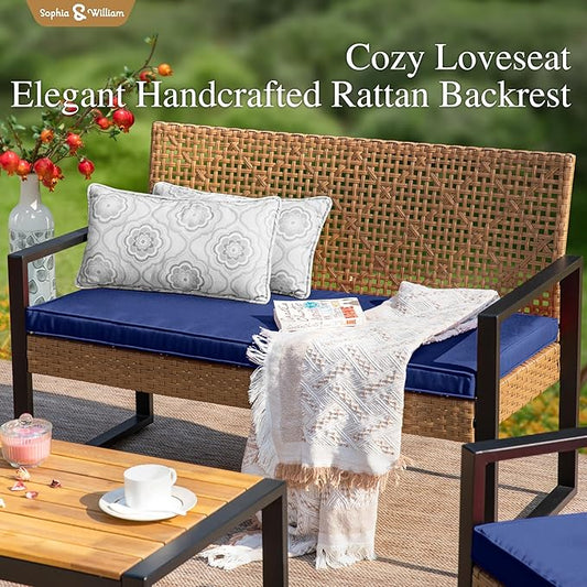 Sophia & William 4 Pieces Patio Conversation Set, Wicker Outdoor Furniture Set for 4, All Weather Outdoor Seating Set, Rattan Loveseat & Chairs with Cushions & Coffee Table，Brown and Navy Blue