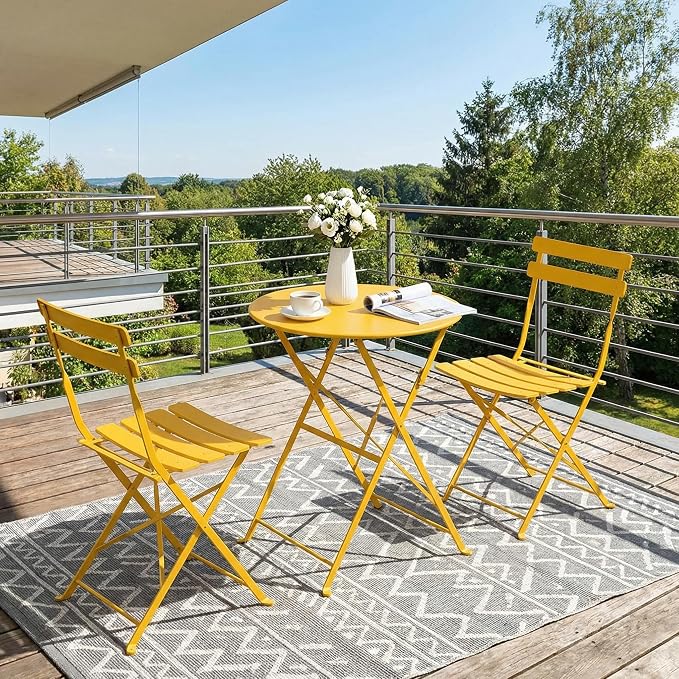 GarveeLife 3 Piece Outdoor Bistro Set, Metal Patio Furniture Set with 2 Chairs and 1 Table, Durable Steel Frame for Garden, Balcony, Porch, Backyard, Yellow