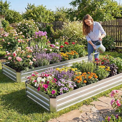 NEWBULIG 8x4x1ft 2PCS Galvanized Raised Garden Bed, Outdoor Metal Planters Box for Vegetables, Flowers & Herbs, Open Base, Easy Assembly, X-Shaped Bars