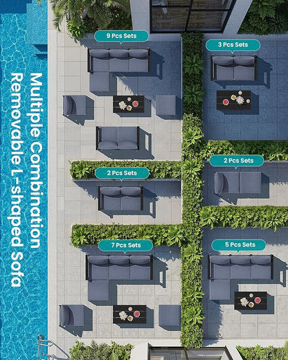SERWALL 5-Piece Patio Sofas, All-Weather HDPE Outdoor Sectional Sofa with Cushions and Coffee Table, Large Modular Patio Conversation Set for Garden, Lawn, Deck, Porch, Black Frame with Grey Cushion