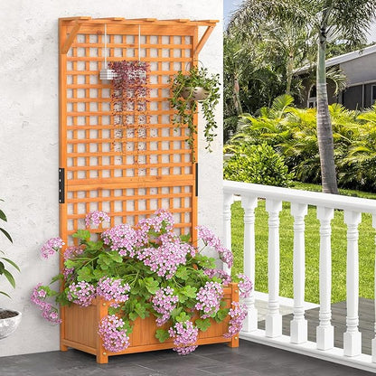 COSTWAY Raised Garden Bed with Trellis, Indoor & Outdoor Wooden Planter Box with Hanging Roof, Drainage Holes, Freestanding Vertical Planter for Vines, Climbing Plants, Flowers, Vegetables