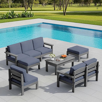 SERWALL 9 Pieces Patio Sofas, All-Weather HDPE Outdoor Sectional Sofa with Cushions and Coffee Table, Extra-Large Modular Conversation Set for Patio, Garden, Deck, Grey Frame with Grey Cushion