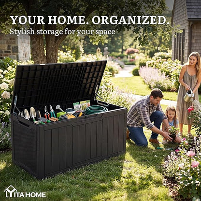 YITAHOME 100 Gallon Large Outdoor Deck Box, Waterproof Resin Storage Box, Lockable Indoor Outdoor Storage Container for Patio Furniture Cushions, Pool Accessories, Garden Tools, Black