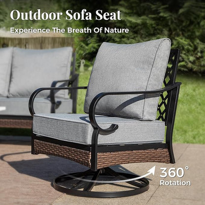 Patio Furniture Set with Firepit Table, Black Frame Outdoor Conversation Set with 2 x Swivel Chairs, 1 x 2-Seat Sofa, 1 x 3-Seat Sofa for Lawn Garden Backyard, Grey