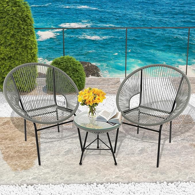 COSTWAY 3-Piece Outdoor Acapulco Chair Set, Wicker Conversation Bistro Sets with Plastic Rope, Glass Top Table, Patio Rattan Furniture Set for Garden, Balcony, Lawn, Backyard, Apartment, Grey