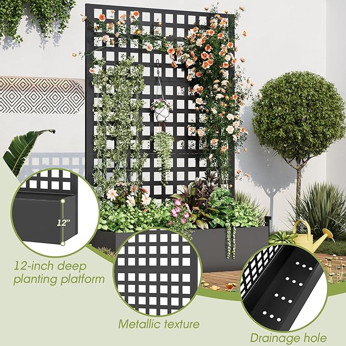 Metal Planter Box with Trellis, 71"x 47"x 16" Raised Garden Bed, Planter Box Trellis with Privacy Screen and Drainage Holes, Black