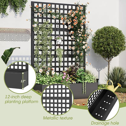 Metal Planter Box with Trellis, 71"x 47"x 16" Raised Garden Bed, Planter Box Trellis with Privacy Screen and Drainage Holes, Black
