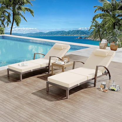 GarveeLife 2-Piece Rattan Patio Folding Chaise Lounge, 5-Position Adjustable Backrest Outdoor Lounge Chair with Cushion and Pillow for Poolside, Backyard, Deck, Porch, Beige