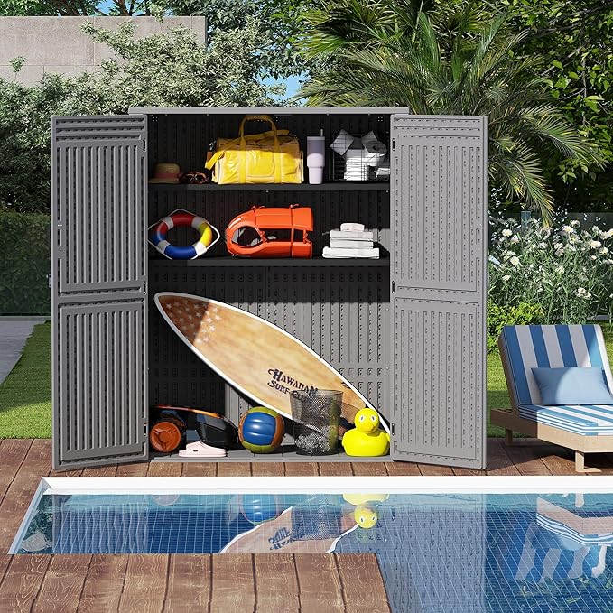 EHHLY Vertical Resin Storage Shed, 60 Cuft Garden Tool Sheds & Outdoor Storage, Plastic Outdoor Storage Cabinet Waterproof, 4.5 x 2.3 ft Backyard Outside Lawn Mower Storage Shed, Grey