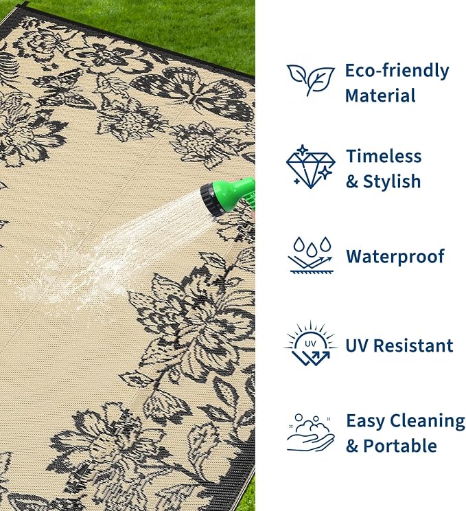 Garvee 5’x8’ Waterproof Patio Outdoor Rug, Outdoor Plastic Straw Rug for Camping, RV Mat Outside, Indoor Outdoor Carpet for Porch, Deck, Backyard, Balcony, Picnic, Black & Brown