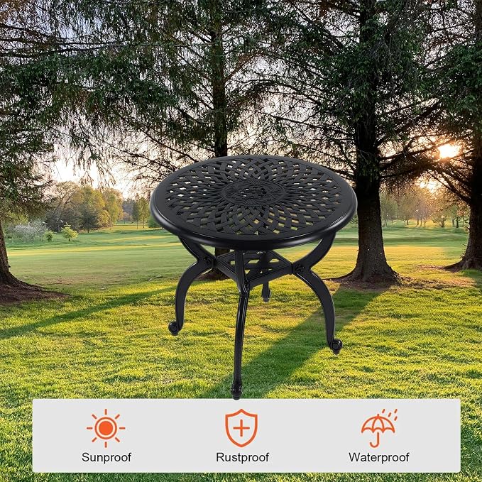 Cast Aluminum Outdoor Side Table, All Weather Round Small Coffee Table for Patio,Park,Lawn,Yard (21" Black)