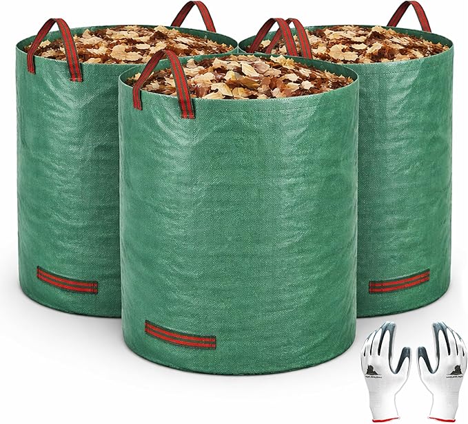 Gardzen 3-Pack 80 Gallon Yard Waste Bags, Reusable Heavy Duty Collapsible Garden Leaf Bags with Plastic Ring, Stand-Up Yard Waste Bin for Leaves, Lawn Debris & Grass Clippings