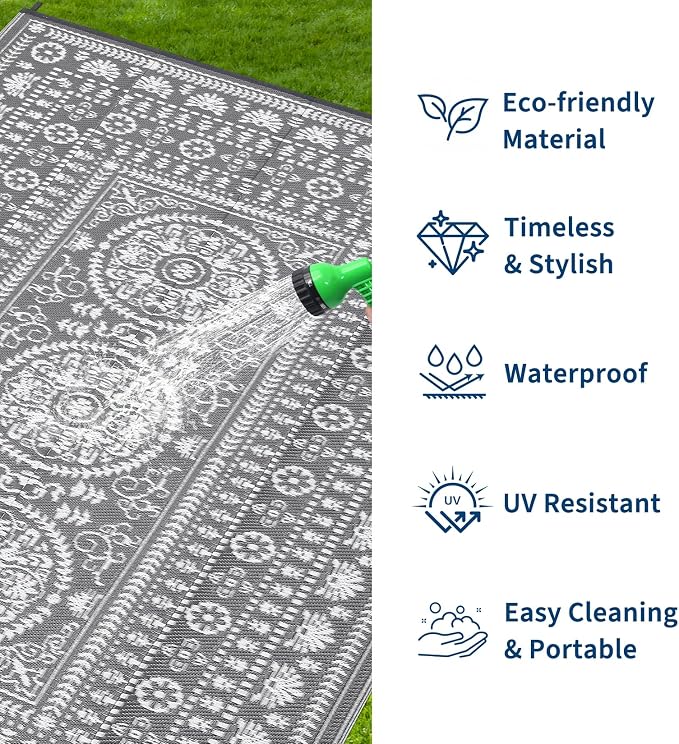 Garvee Reversible Outdoor Rug 9x18 for Patio, Waterproof Outdoor Area Rug, Modern Medallion Indoor Outdoor Rugs, Plastic Straw Rug for RV, Camping, Deck, Vintage Grey