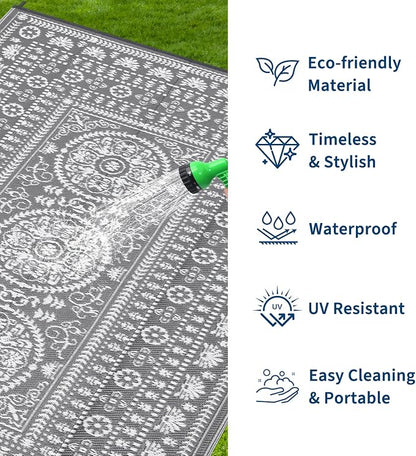Garvee Reversible Outdoor Rug 9x18 for Patio, Waterproof Outdoor Area Rug, Modern Medallion Indoor Outdoor Rugs, Plastic Straw Rug for RV, Camping, Deck, Vintage Grey