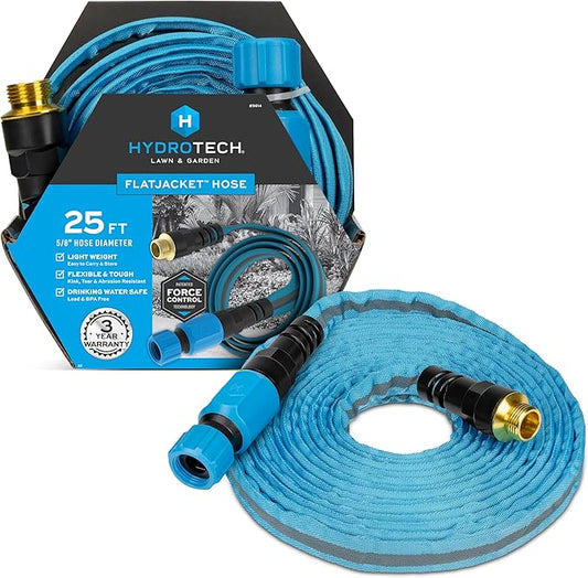 HydroTech FlatJacket 5/8" 25 ft Garden Hose with Patented Force Control Technology- Flexible, Kink-Free, Lightweight Hose for Lawn, Garden, Car Washing, Deck and Patio Cleaning
