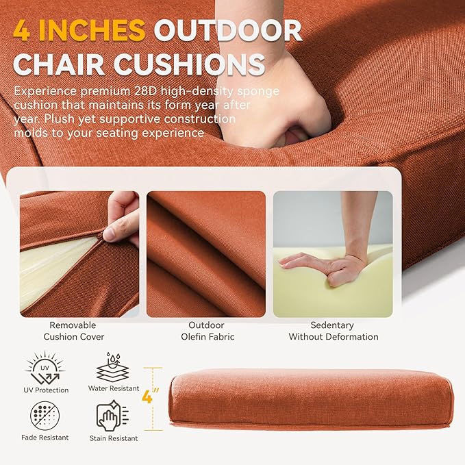 Outdoor Chair Cushions - 22" x 25" x 4" Patio Furniture Cushions with Water Resistant & Removable Cover, 28D High Density Sponge Patio Cushion for Outdoor Furniture Couch Rocker Chair, Orange