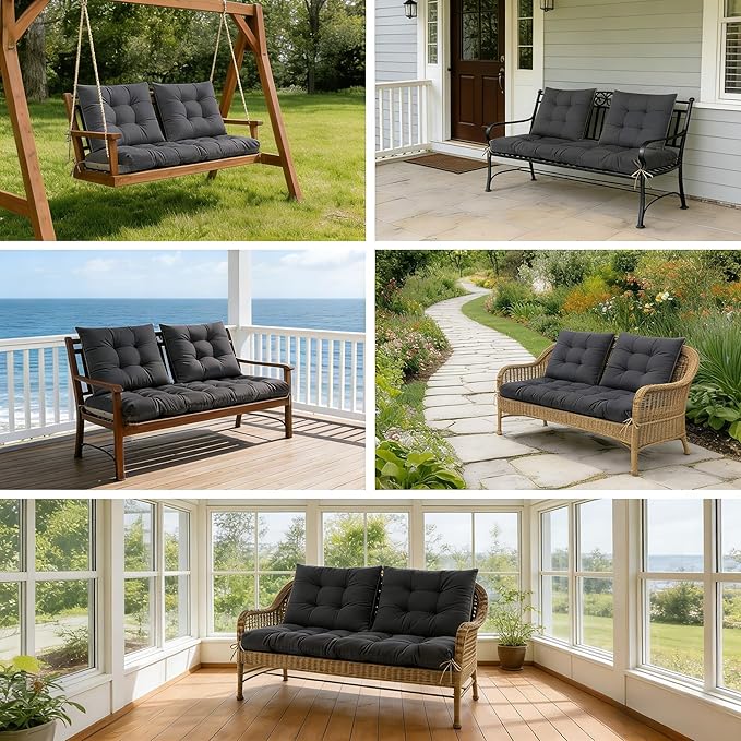 3 Pcs Wicker Chair Cushions Patio Loveseat Chaise Cushion Set - 1200D 47x19*4 Inch Waterproof Wicker Bench Cushions with 2 19x19x4 Inch Chair Cushions for Garden Porch Wicker Patio Furniture(Grey)