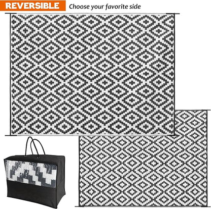 SAND MINE Waterproof Outdoor Rug 8x10 ft, Plastic Reversible Rug, Modern Area Rug, Large Floor Mat for Outdoors, RV, Patio, Backyard, Deck, Picnic, Beach, Camping (8' x 10', Black & White Lattice)
