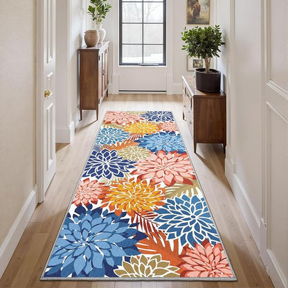 Colorful 2x6 Washable Runner Rug for Hallway Tropical Botanical Modern Floral Chenille Kitchen Rugs Low Pile Non Slip Carpet for Patio, Bedroom, Laundry, Vivid Dahlia
