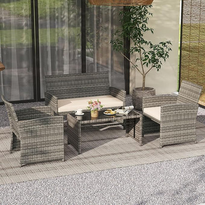 Tangkula 4 Piece Patio Wicker Furniture Set, Outdoor Heavy Duty Rattan Cushioned Chairs, Loveseat and Tempered Glass Coffee Table, for Backyard, Balcony, Poolside