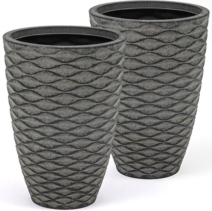 19" H Coastal Planter for Indoor/Outdoor Plants, Set of 2 Large Flower Pot with Drainage Hole, Weather-Resistant Resin Planters for Garden Patio Porch Home Office Decor, Rustic Black Wavy